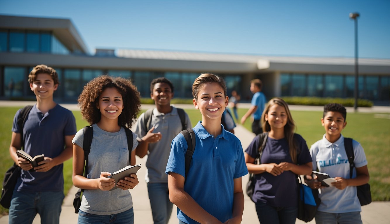 Students engaged in various extracurricular activities: music, art, coding, and community service, with a backdrop of a school building and a bright blue sky