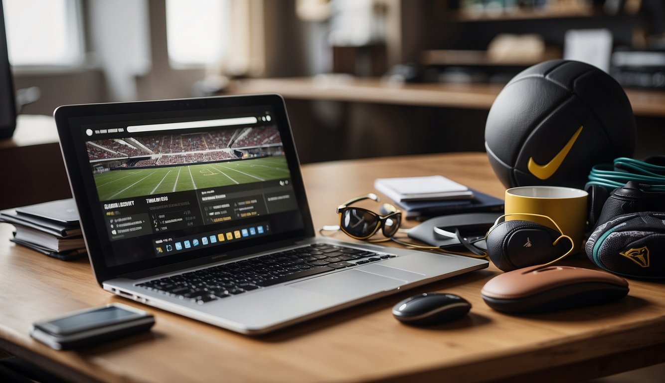 Athletic gear scattered around a desk, with a laptop open to the Common App activities section, showcasing various sports and achievements