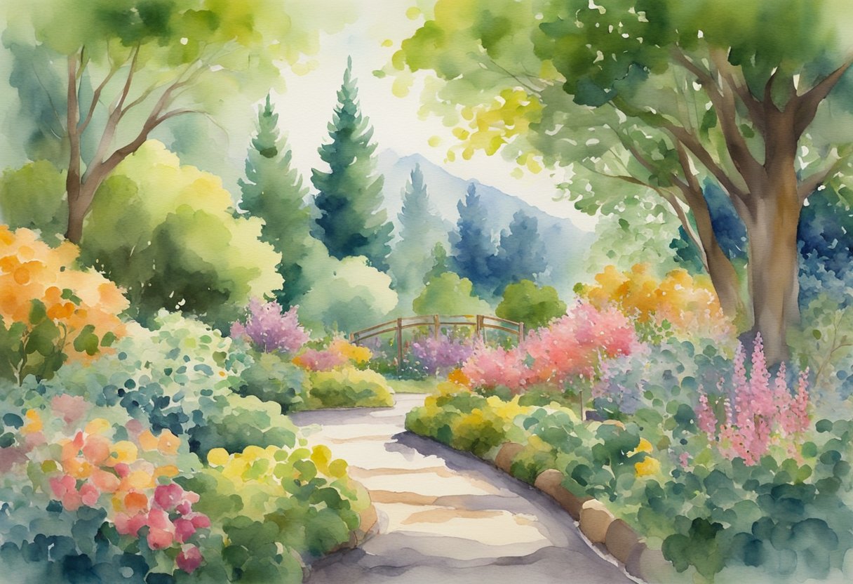 A lush garden with blooming flowers, ripe fruit trees, and flowing streams, surrounded by a vibrant forest teeming with life