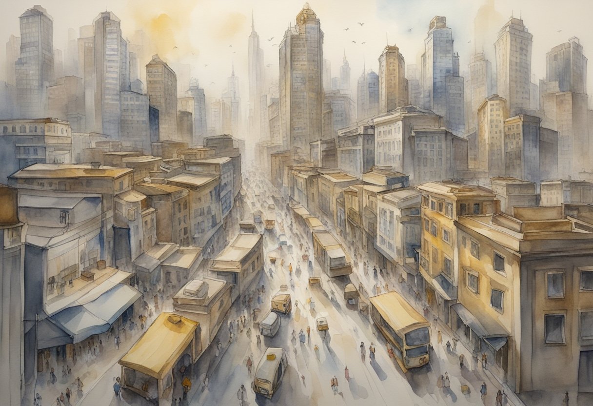 A bustling city with skyscrapers and crowded streets on one side, and a deserted, barren landscape on the other, symbolizing the contrast between abundance mentality and scarcity mentality in society and culture