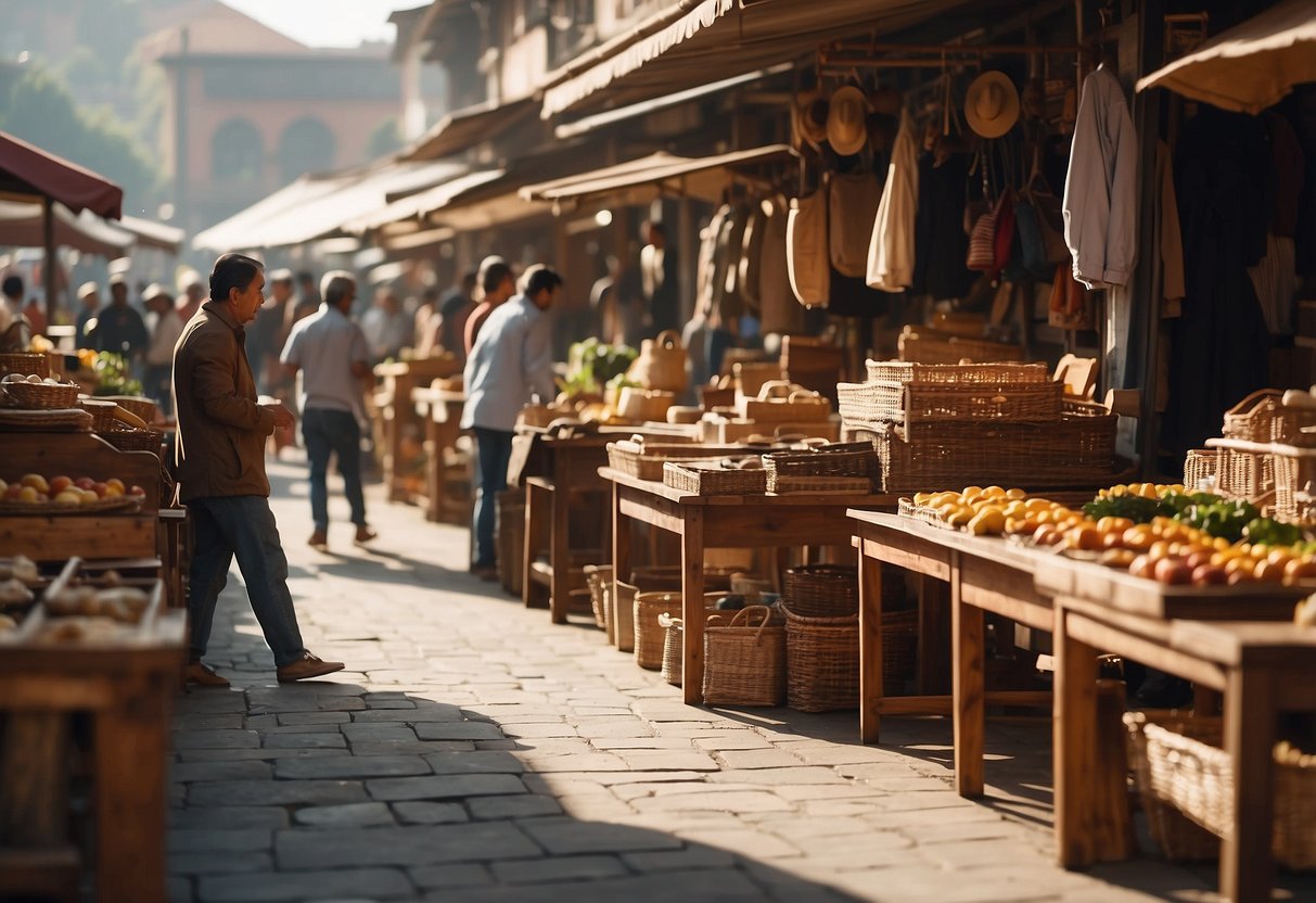 A bustling marketplace with various stalls and shops showcasing beautifully crafted wooden furniture. Customers browse and haggle with vendors, while the warm sunlight illuminates the scene