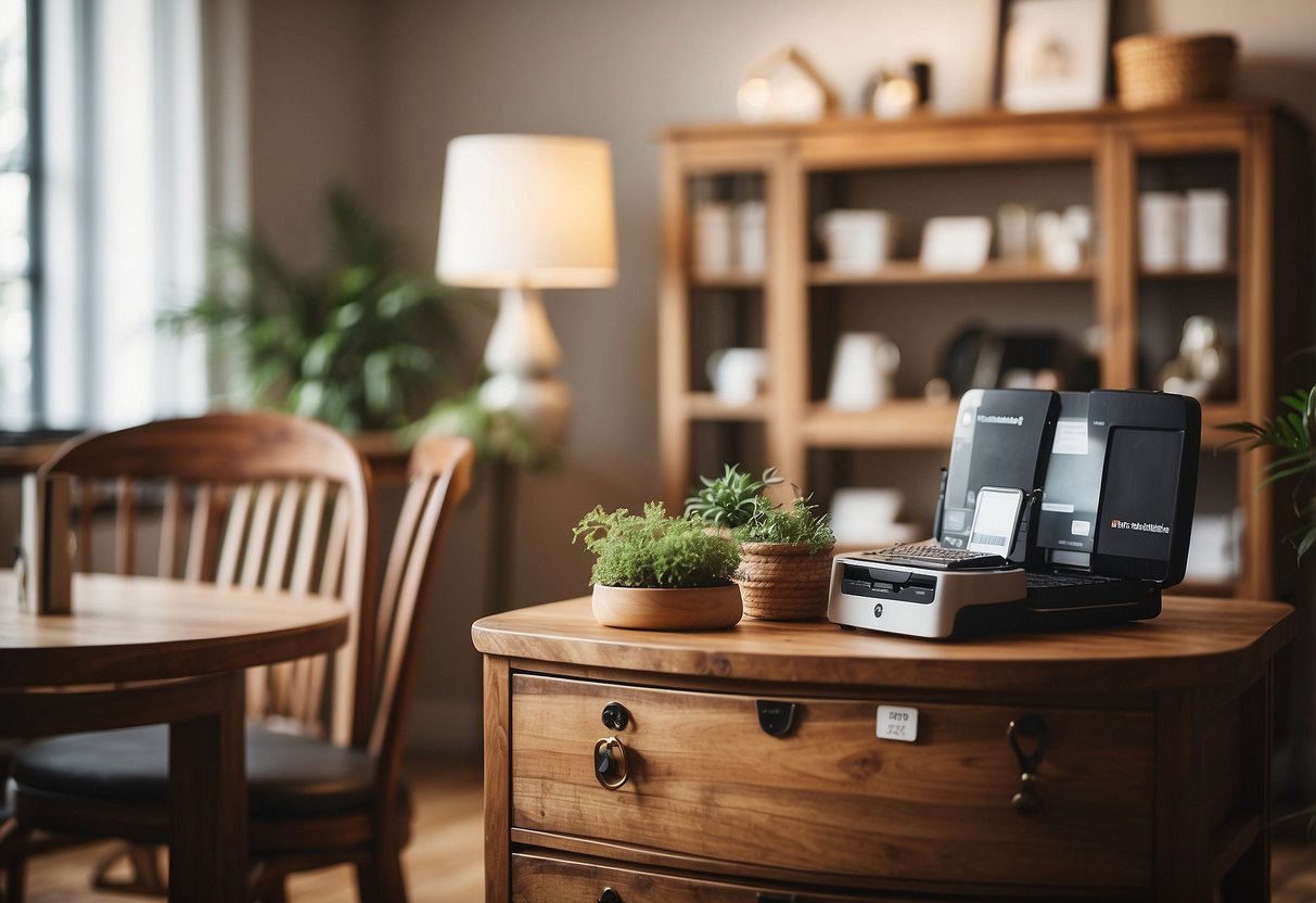 Wooden furniture arranged in a well-lit room, with price tags attached. A sign reads "For Sale" and points to various online and local selling platforms