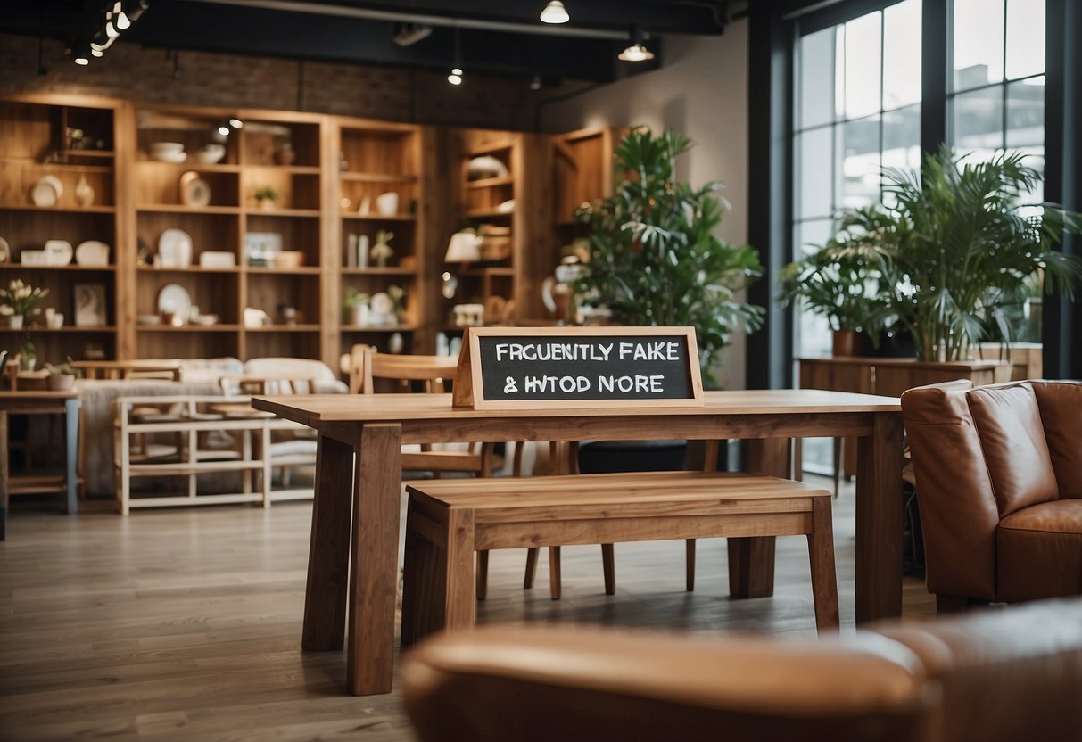 A wooden furniture store with a sign "Frequently Asked Questions: Where to sell wooden furniture" displayed prominently. Various wooden furniture pieces are showcased in the background
