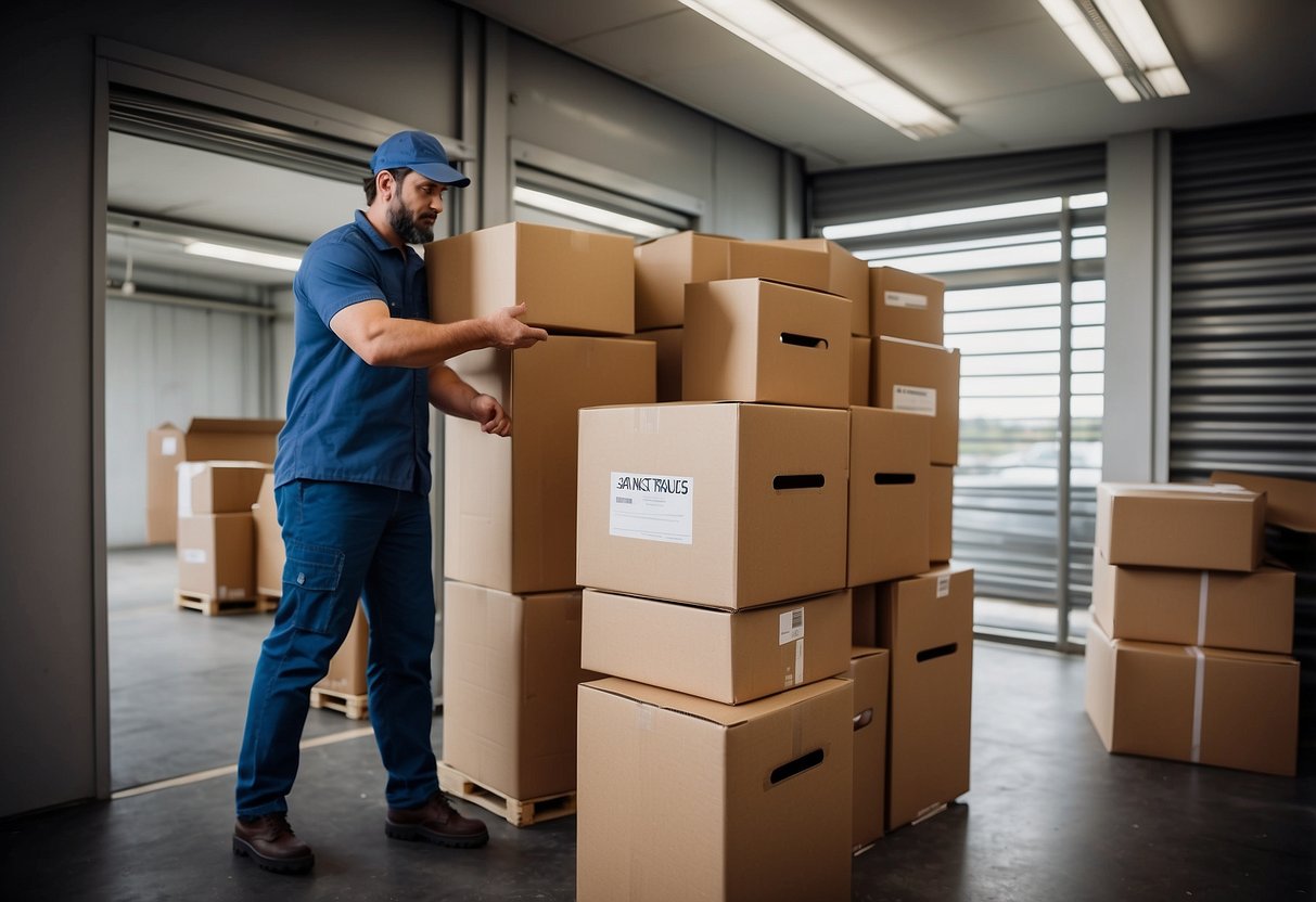 Boxes being packed, labeled, and stacked. Moving truck loading furniture. Shipping company quotes being reviewed. Map of Australia on the wall