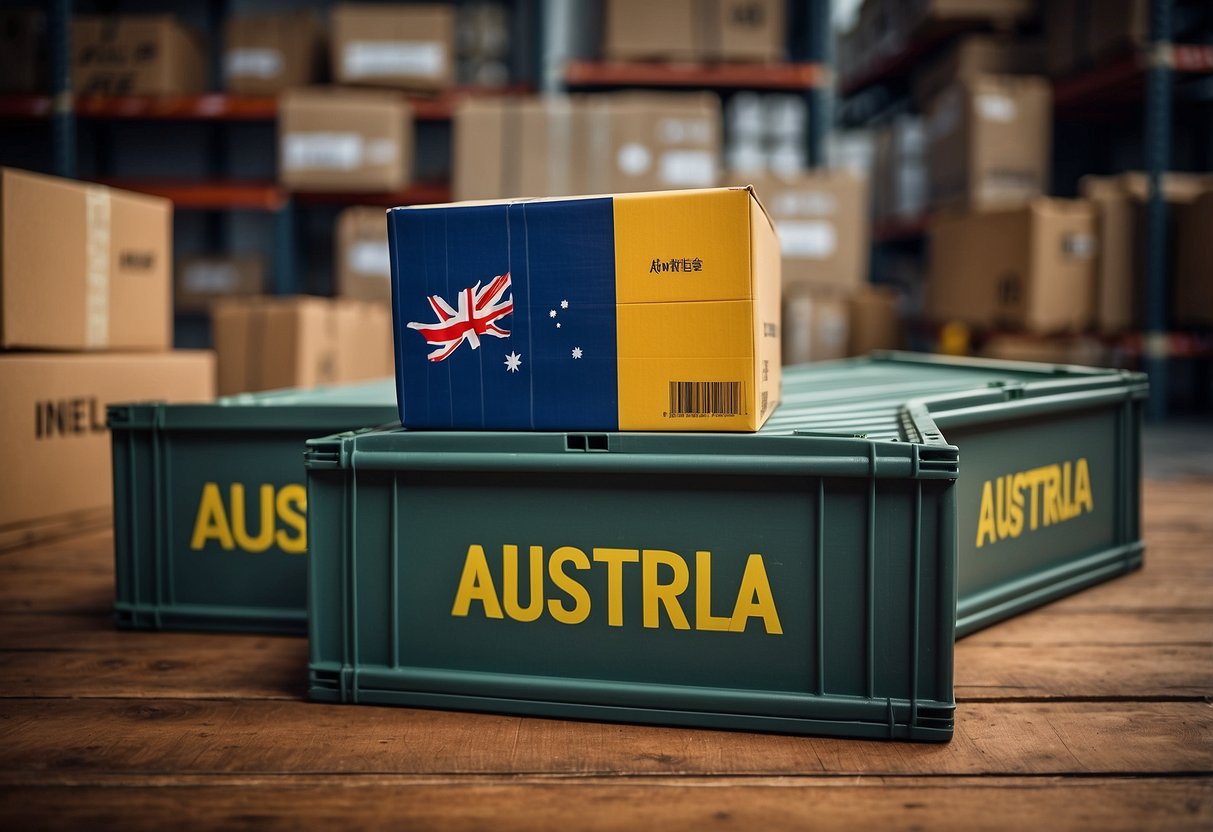 A furniture crate labeled "Australia" surrounded by shipping materials and a price tag