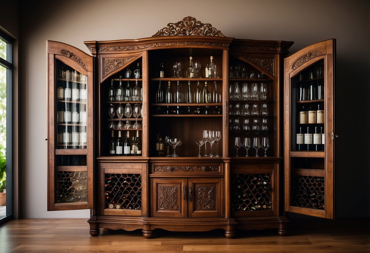 A wooden wine cabinet stands against a wall, filled with various bottles and glassware. The cabinet is ornately designed, with intricate carvings and a rich, polished finish