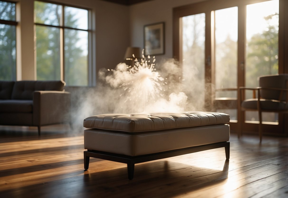 A furniture piece being sprayed with a deodorizing solution, with windows open and fresh air flowing through the room