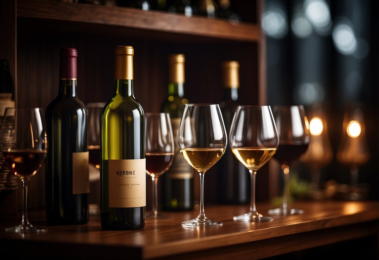 A wine cabinet stands open, bottles neatly arranged. Glasses and corkscrew sit nearby, inviting a cozy evening of exploration