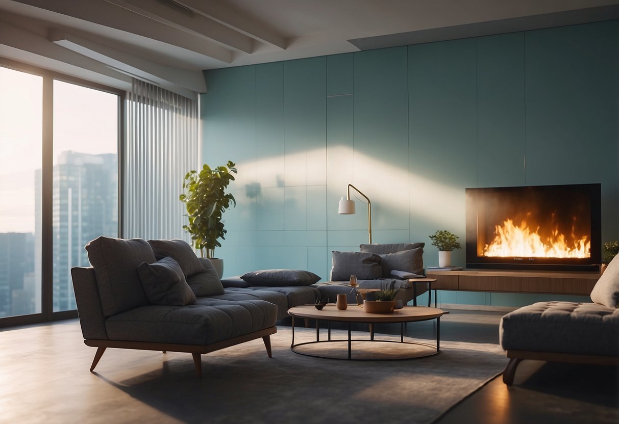 A room with furniture emitting VOC smell. A person opens windows, uses air purifier, and applies natural odor absorbers
