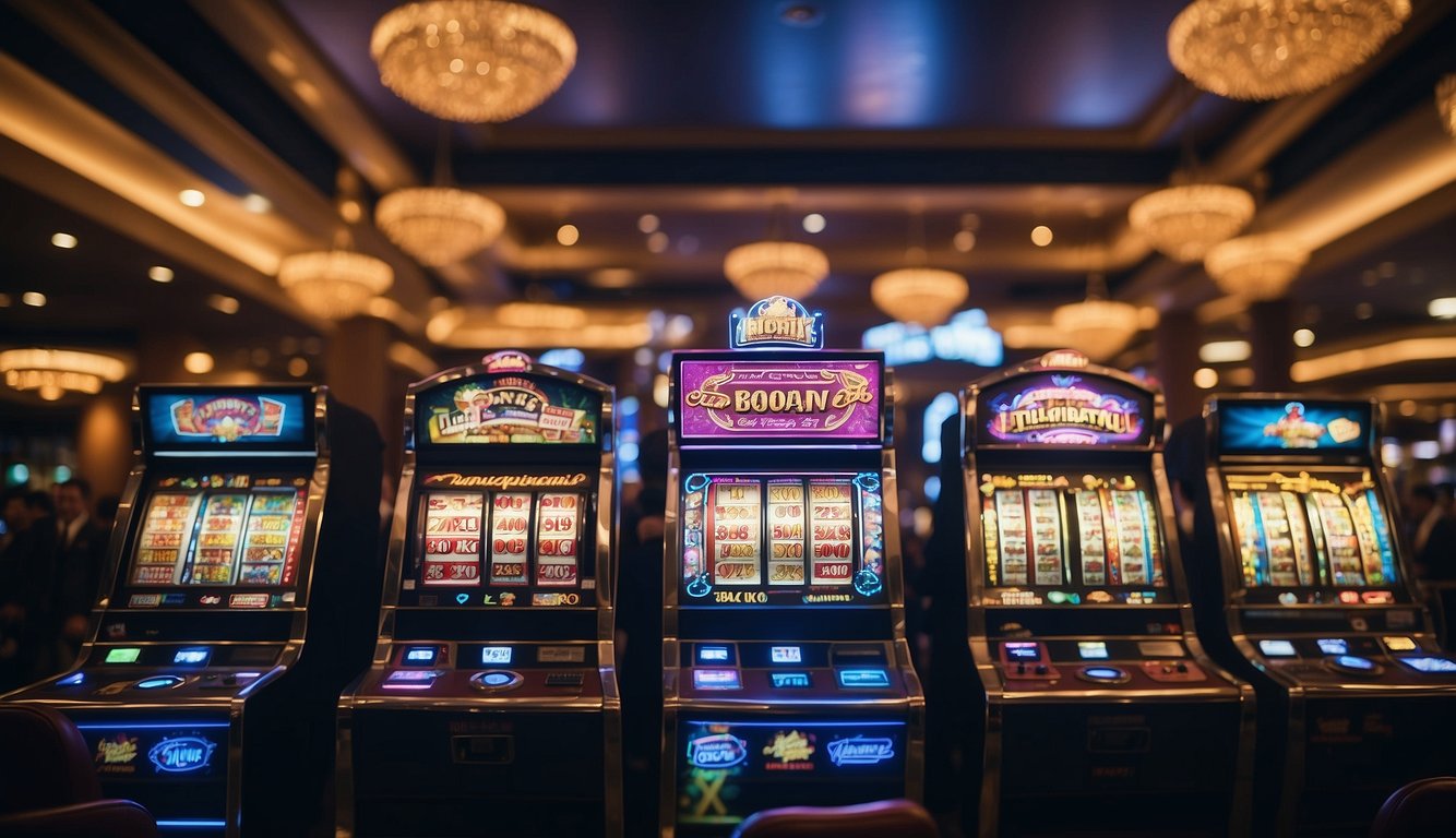 Players celebrating wins, colorful slot machines, flashing lights, and cheering crowds in the casino. Bonus sports banners and signs prominently displayed