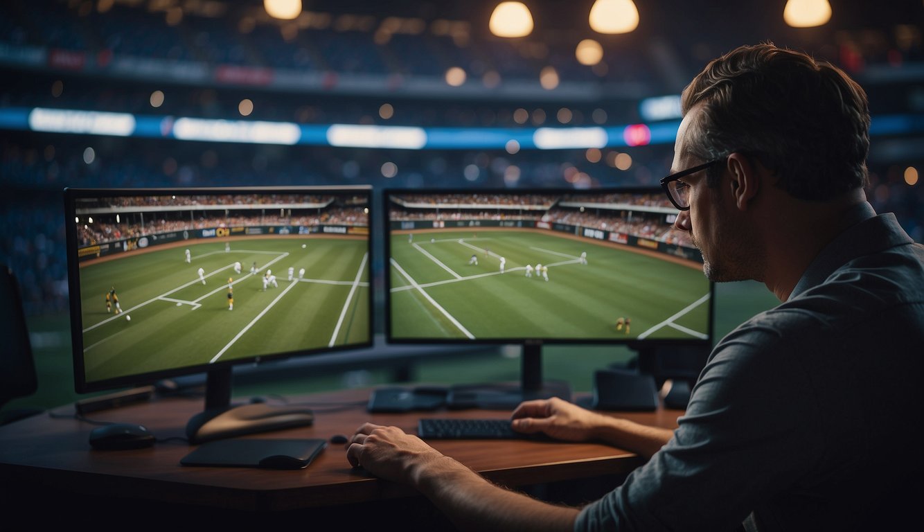 A sports bettor enters a virtual platform, selects a game, and applies bonus credits to increase potential winnings. Visuals show the process of leveraging bonuses for increased earnings on 1win