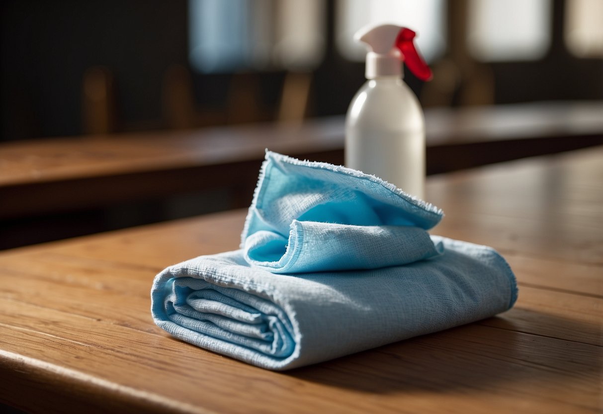 A cloth wipes a stain from a wooden table. A bottle of cleaner sits nearby