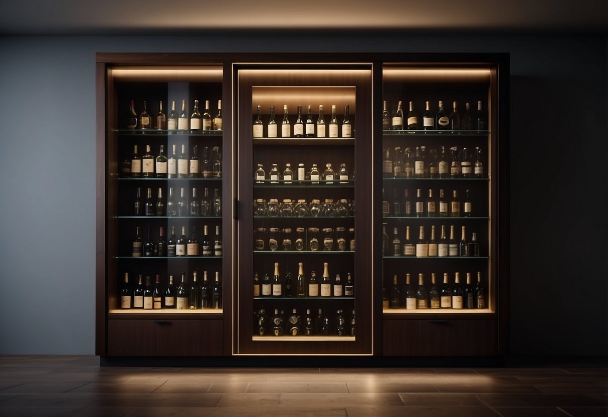 A wine cabinet stands against a wall, filled with neatly organized bottles of various shapes and sizes. The glass door showcases the collection, while a dim light illuminates the elegant furniture