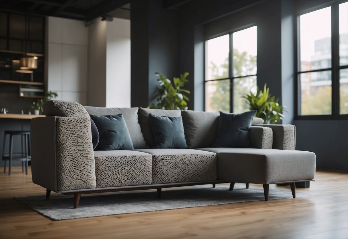The furniture emits a strong VOC smell. A person opens windows and uses air purifiers to eliminate the odor