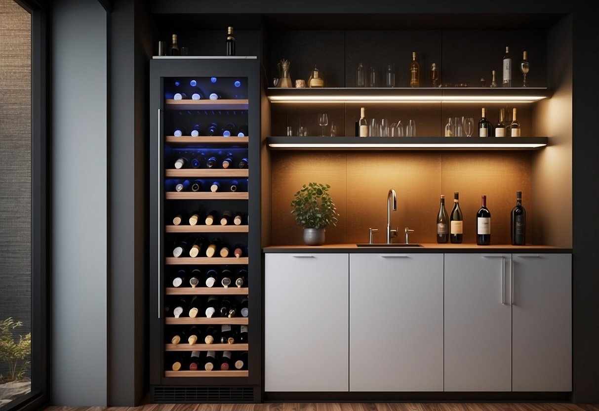 A sleek, modern wine cabinet stands against a backdrop of warm, dimly lit room, with shelves neatly organized and labeled for easy access