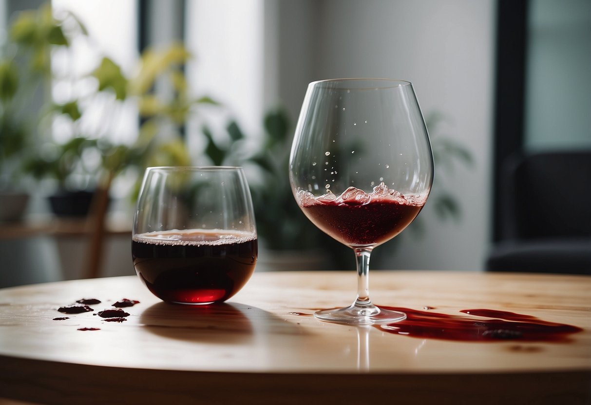 A spilled glass of red wine on a white couch, a muddy footprint on a light-colored rug, and a greasy food stain on a wooden table