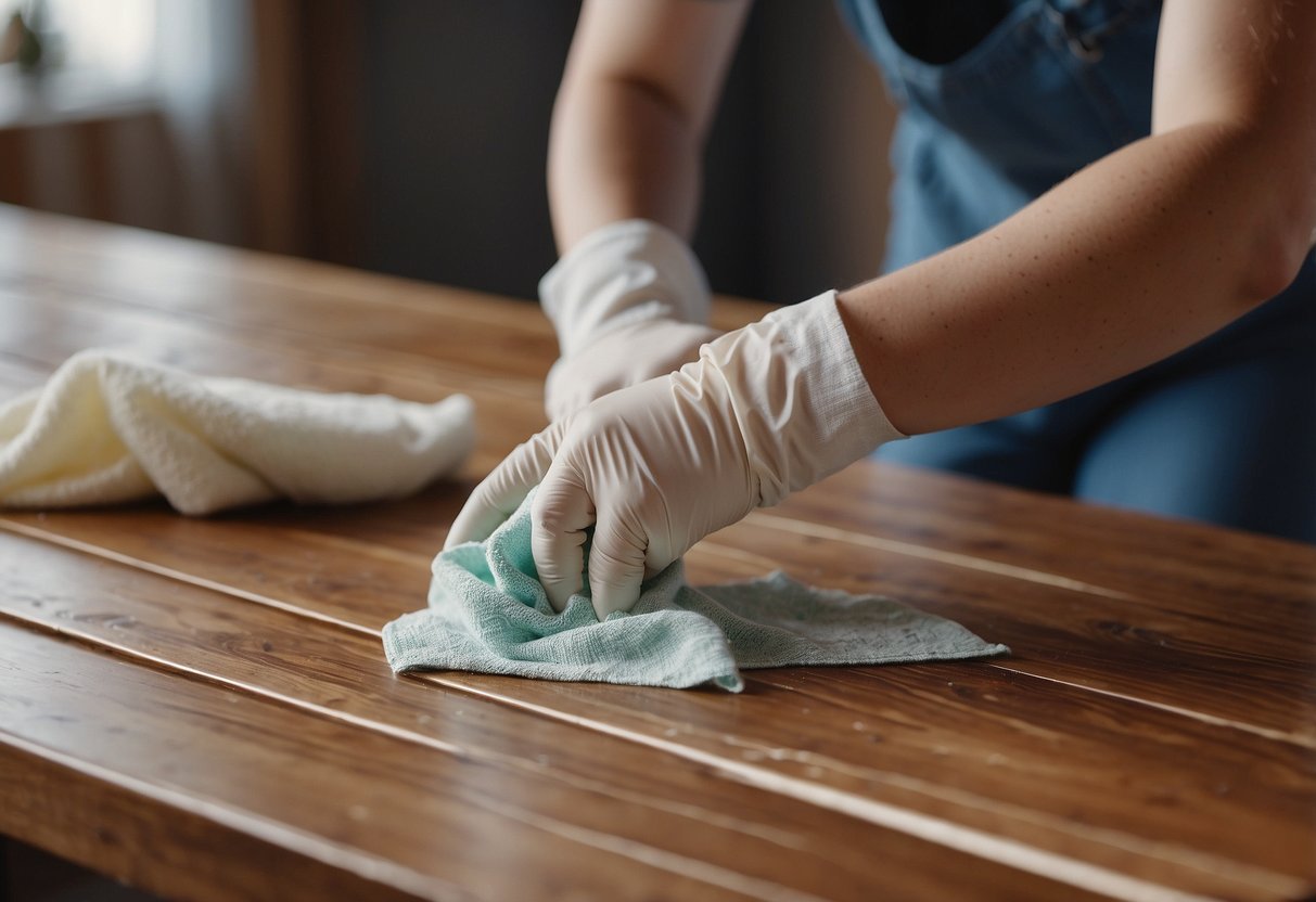 A person using a cloth and stain remover to clean a wooden table. Another person applying a protective finish to the table