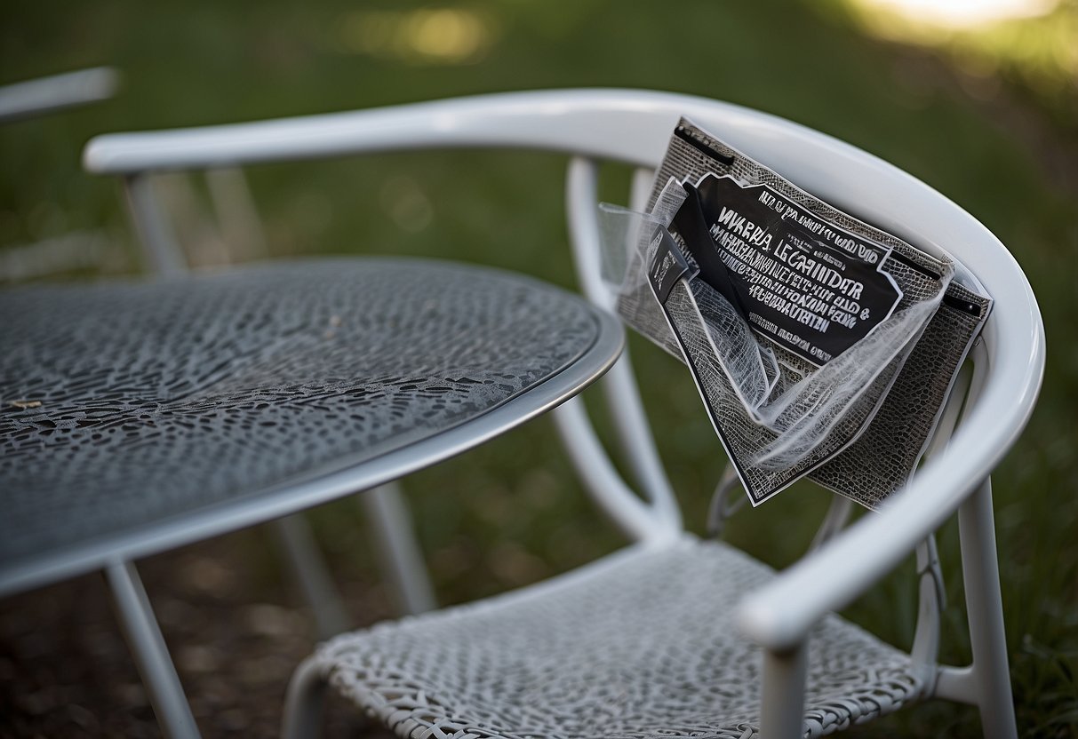 A broken outdoor chair with a "warranty void if removed" sticker