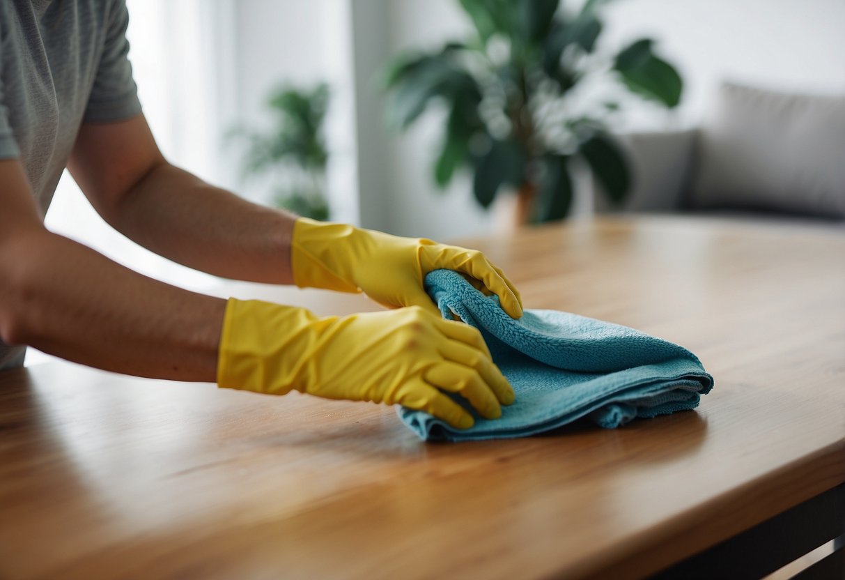 A person using a cloth and cleaning solution to remove a stain from a piece of furniture