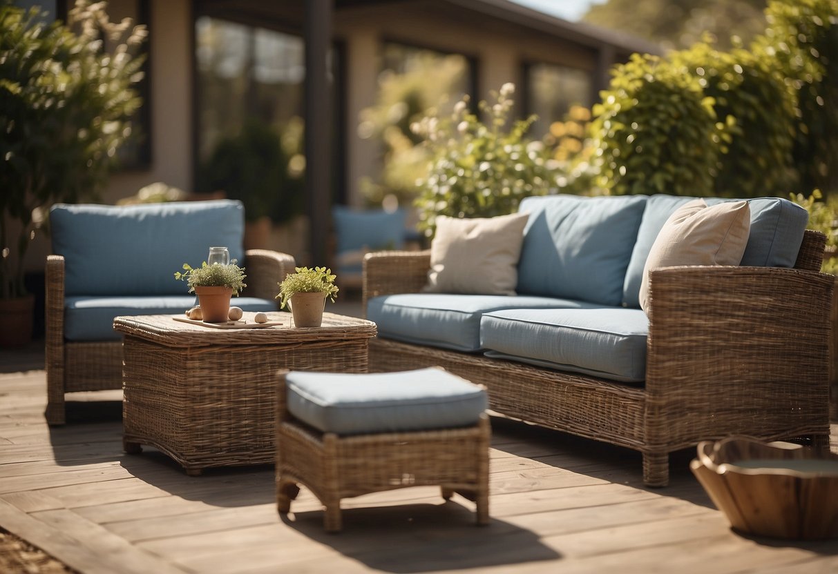 A sunny outdoor setting with a sturdy, stylish furniture set. A warranty document prominently displayed nearby