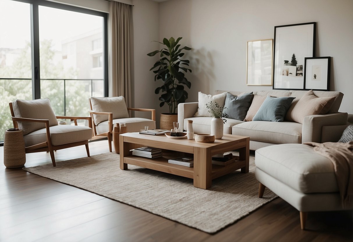 A minimalist living room with low, clean-lined furniture, natural materials, and soft, neutral colors
