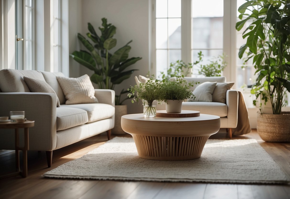 A serene living room with minimalist furniture, natural light, and plants. Clean lines and neutral colors create a calming atmosphere for relaxation and meditation