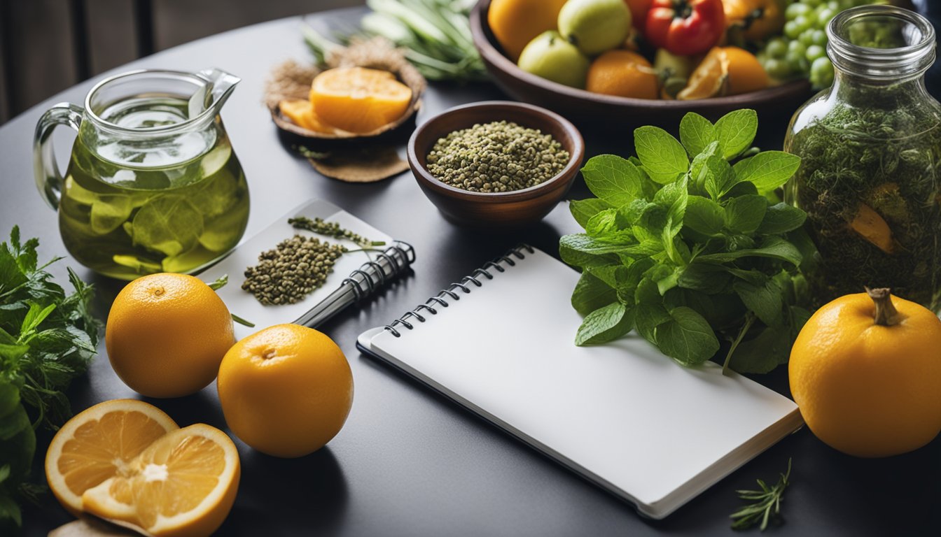 A table set with various fruits, vegetables, and herbs. A glass of water and a bottle of herbal tea sit next to a notebook and pen