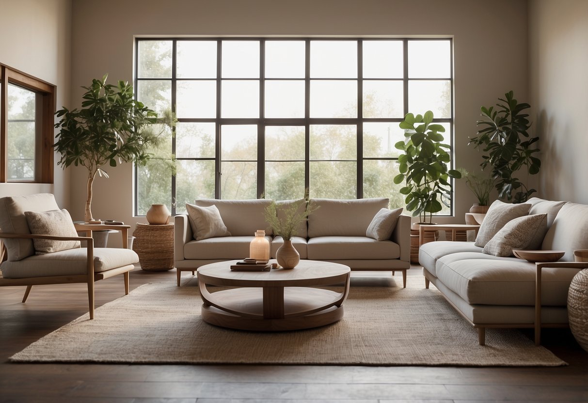 A serene living room with minimalist Zen decor, featuring low furniture, neutral colors, natural materials, and subtle lighting