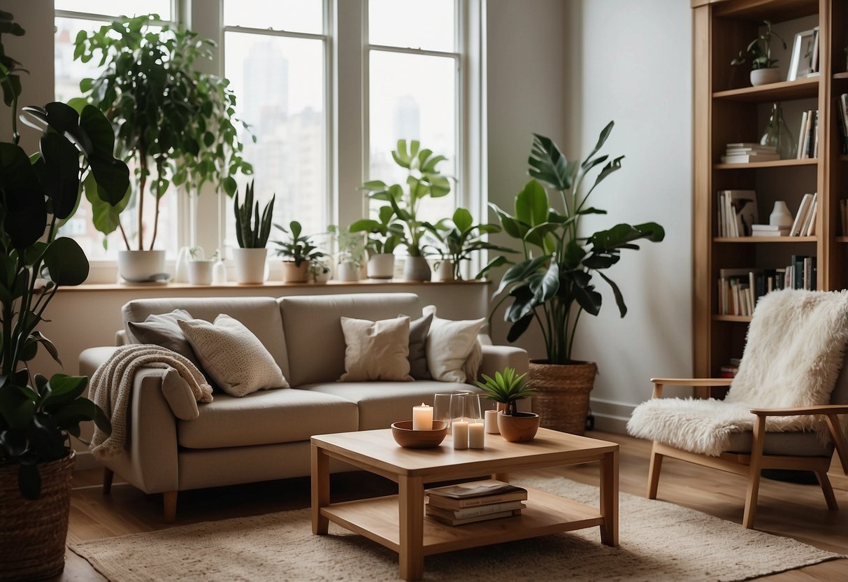 A serene living room with minimalist furniture, soft lighting, and plants. A bookshelf and a cozy armchair invite relaxation
