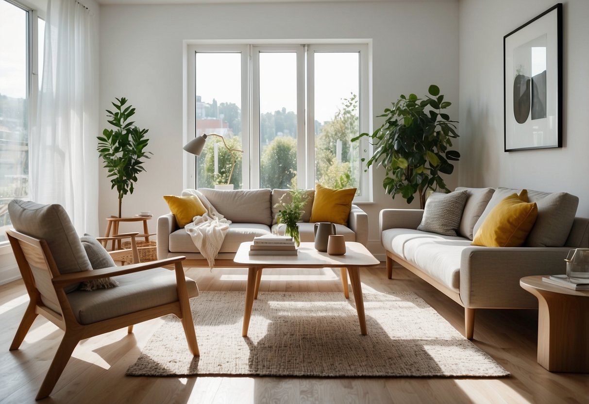 A modern living room with IKEA furniture arranged neatly. Bright natural light streams in through the window, illuminating the clean lines and minimalist design of the furnishings