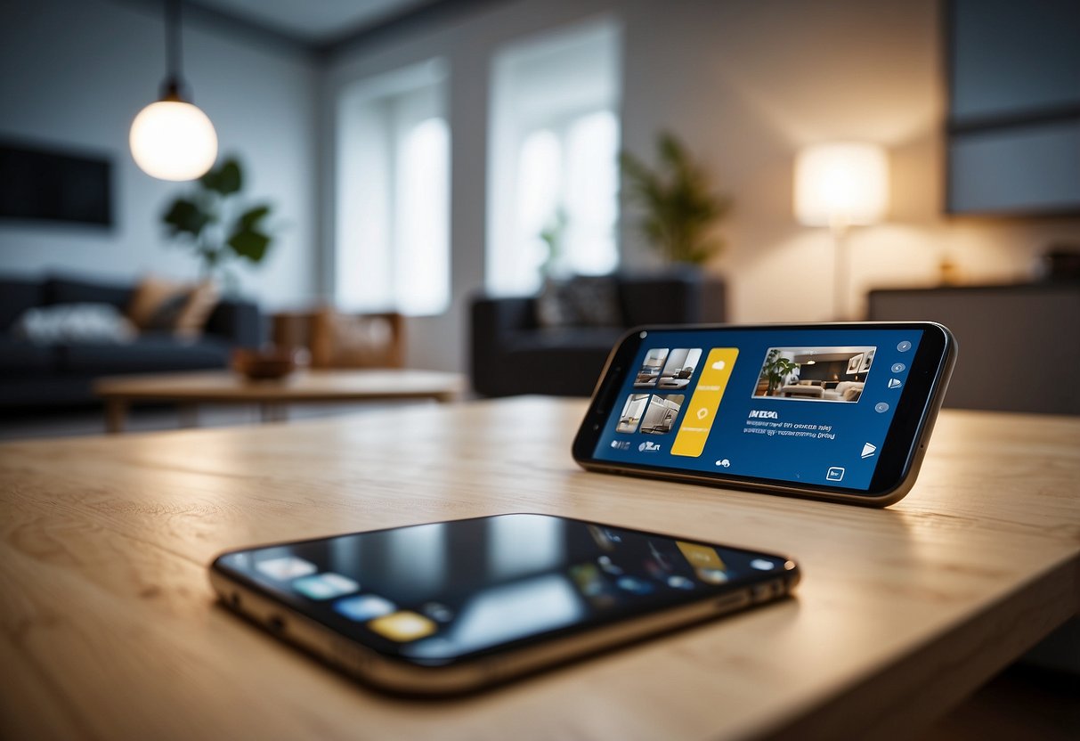 A smartphone displaying the IKEA app open to a virtual room with various furniture pieces arranged in a modern and inviting layout