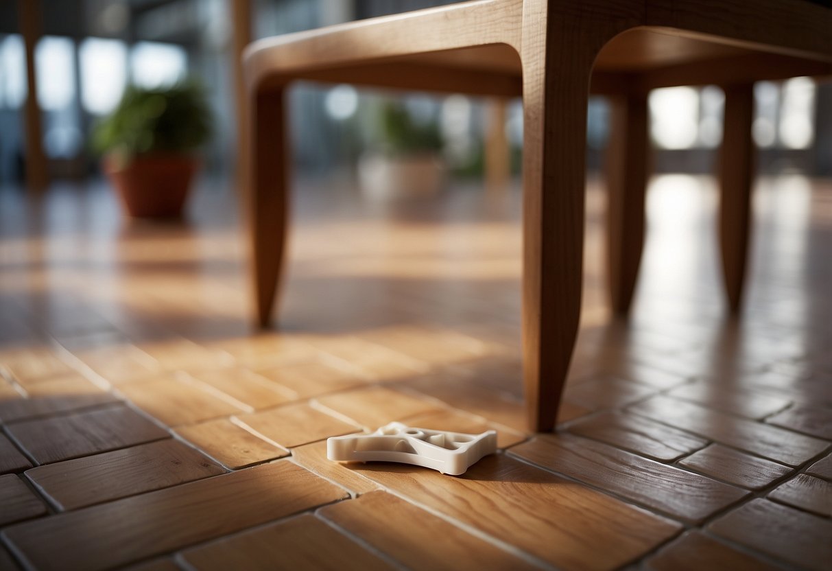 Plastic furniture feet support a wooden chair on a tiled floor