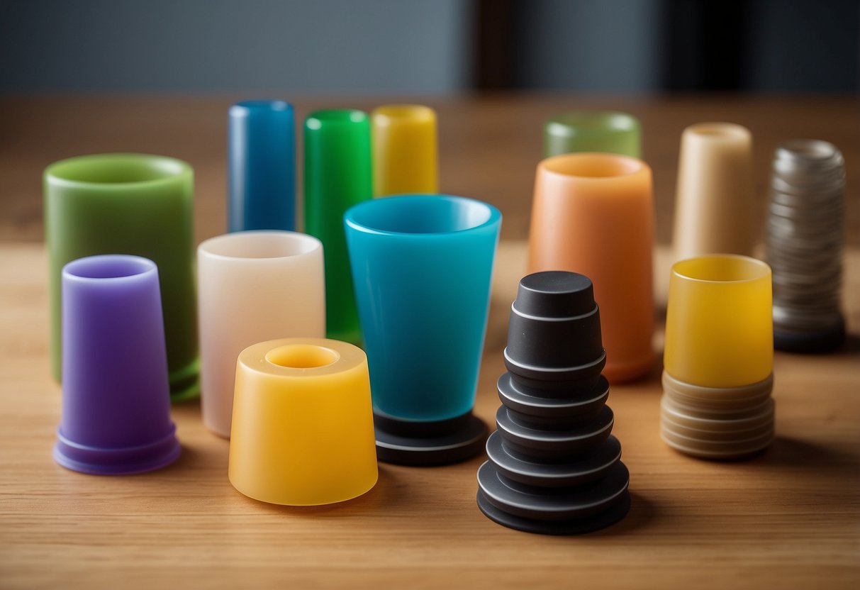 Various plastic furniture feet: round, square, tapered, and cylindrical. Different sizes and colors