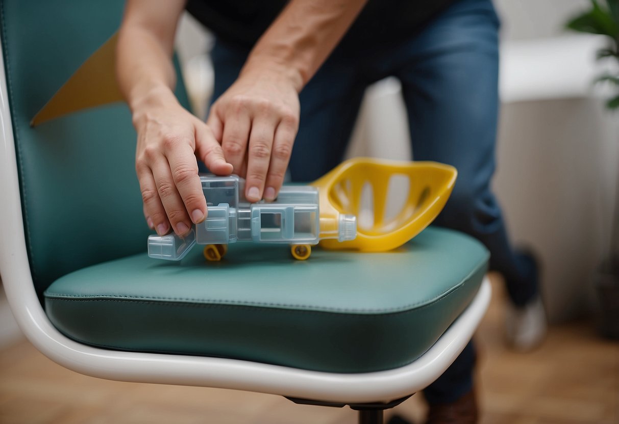 A hand placing plastic furniture feet onto the bottom of a chair leg
