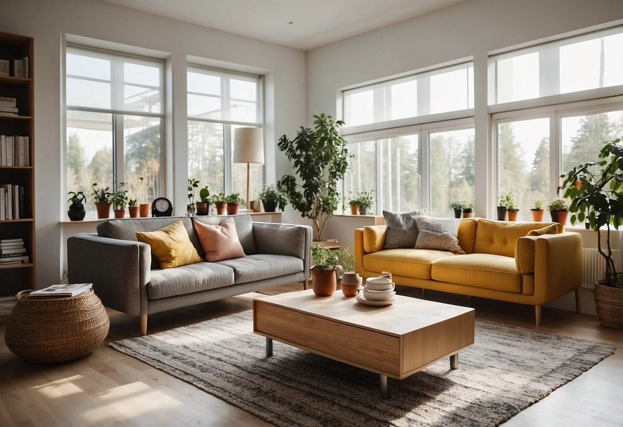An open room with modern furniture from the IKEA app, including a sofa, coffee table, and bookshelf. The room is well-lit with natural sunlight coming in through the windows