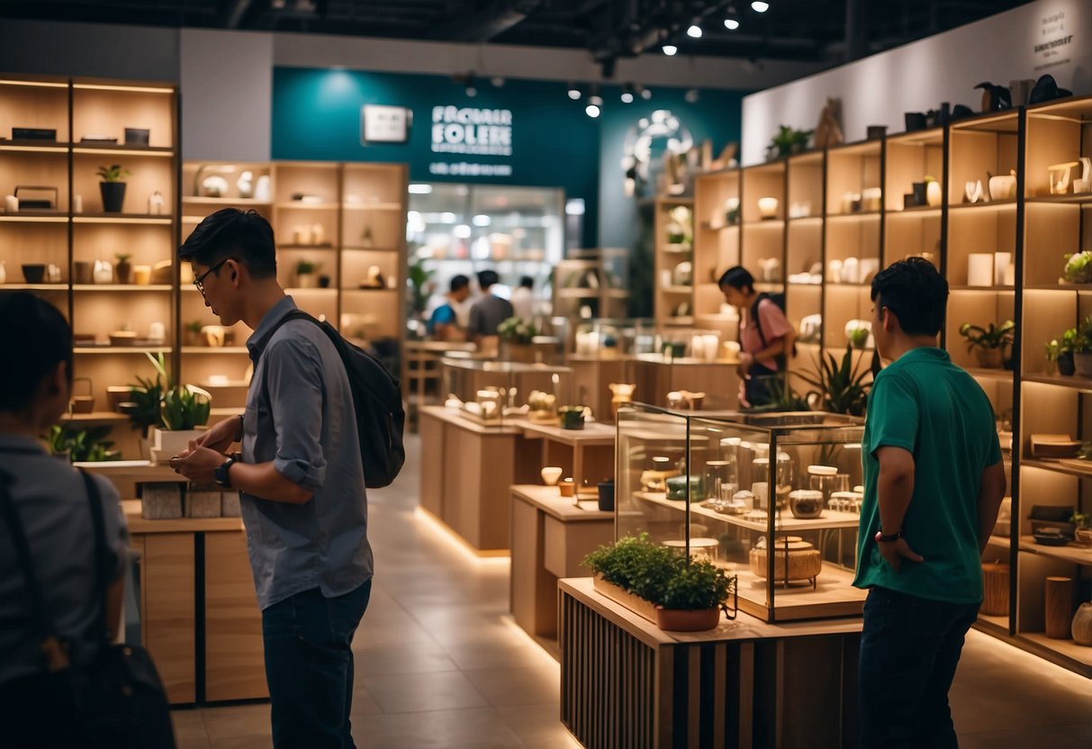People browsing through shelves of affordable furniture in a Singapore shop. Bright lighting, colorful displays, and various furniture pieces on display