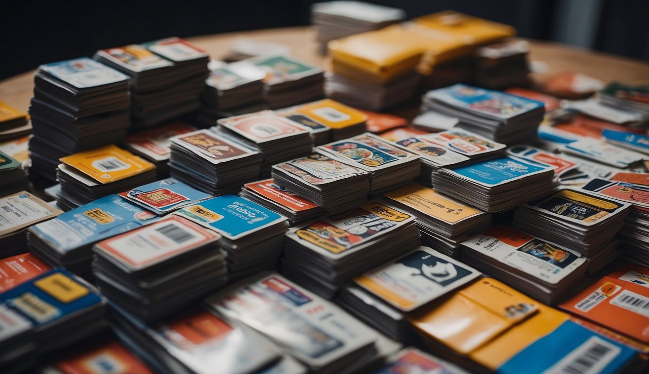 A stack of sports cards next to a pile of packaging supplies, including labels and postage, ready to be shipped