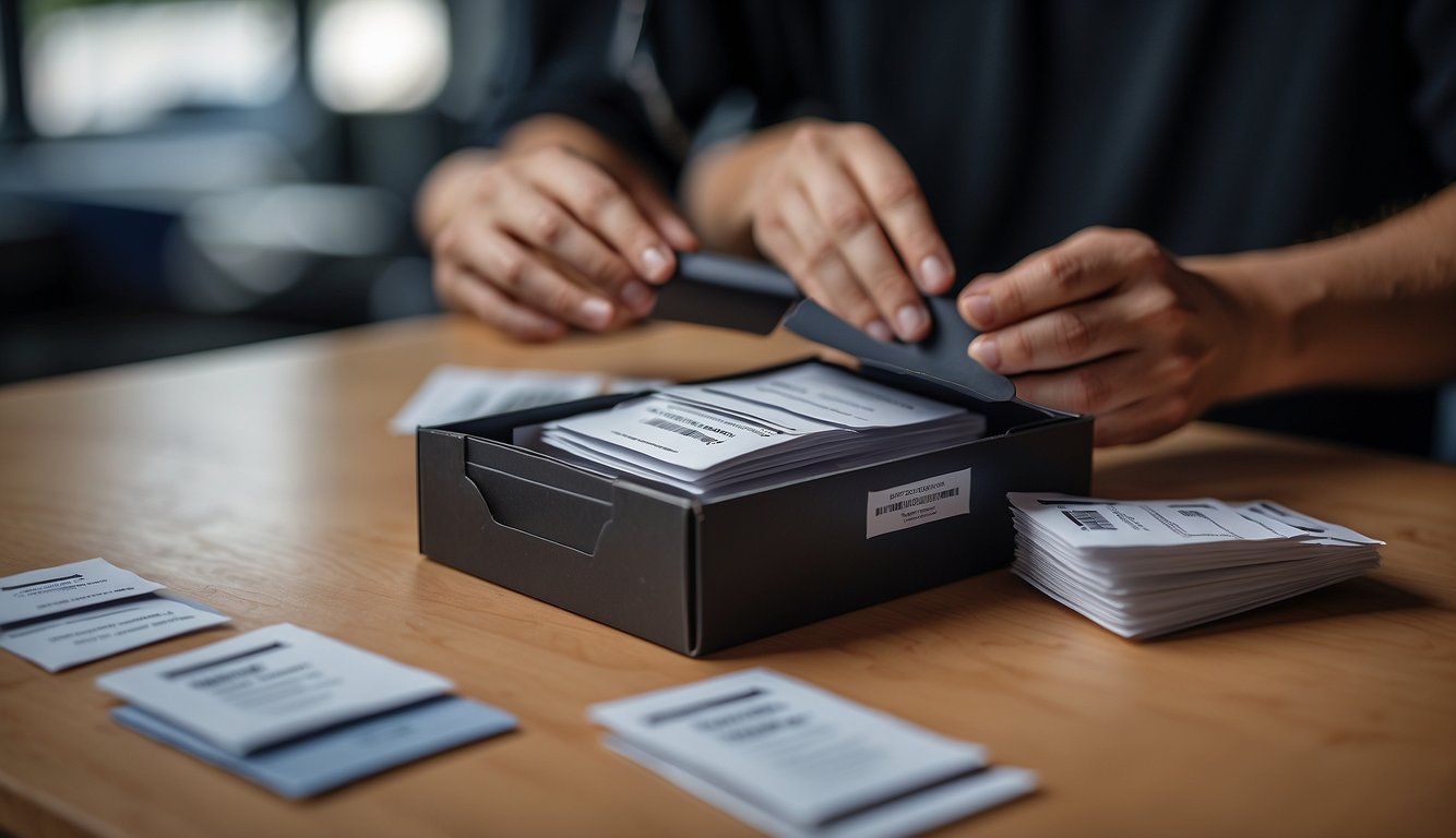 A person carefully packaging sports cards with protective sleeves and cardboard, then placing them in a sturdy shipping envelope with clear address labels