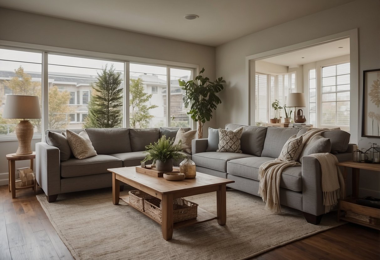 A living room with a sofa, coffee table, and bookshelf. A bedroom with a bed, nightstand, and dresser. A dining room with a table and chairs