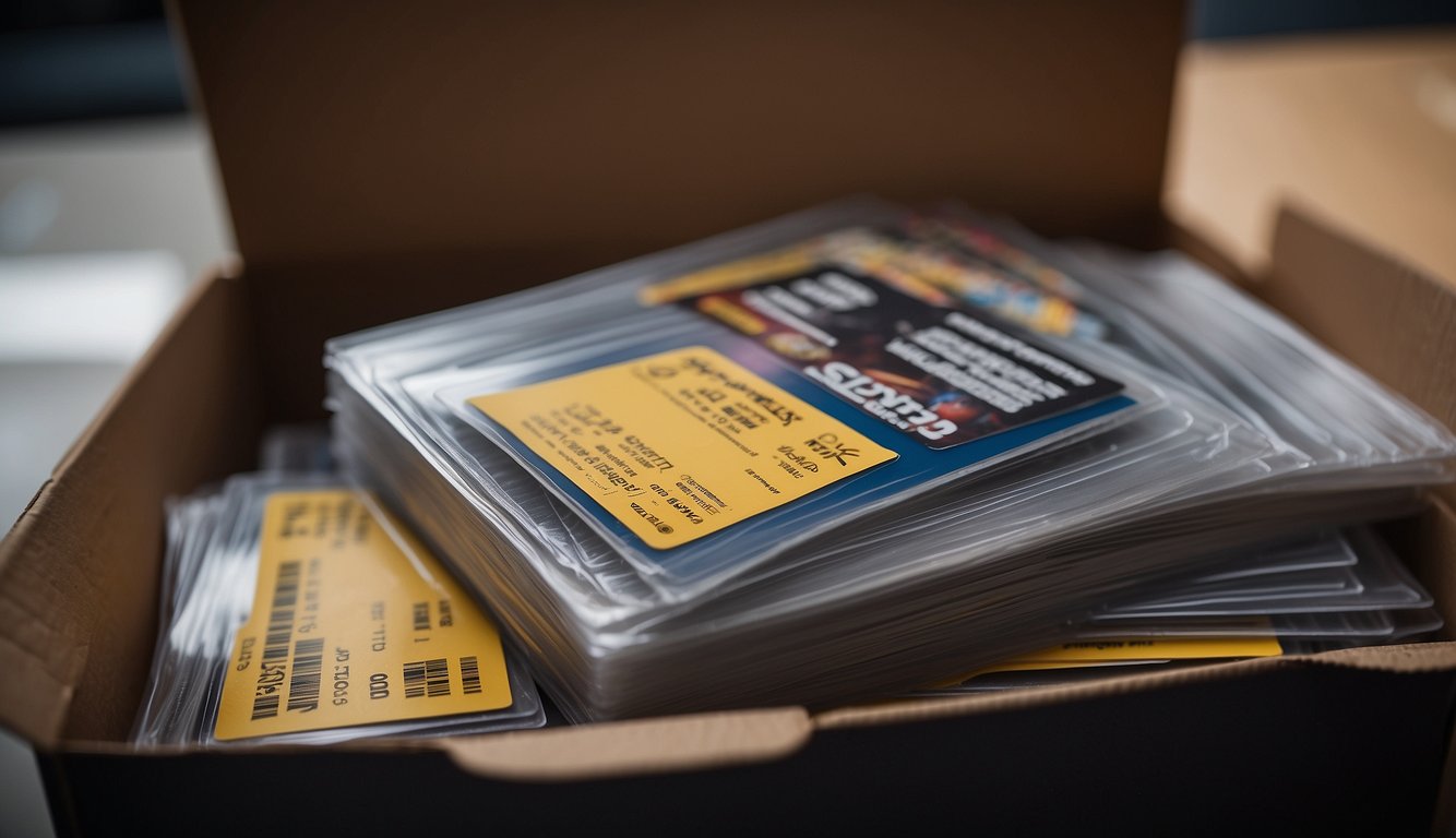 A stack of sports cards packed in a secure box, labeled for shipment with address and tracking information