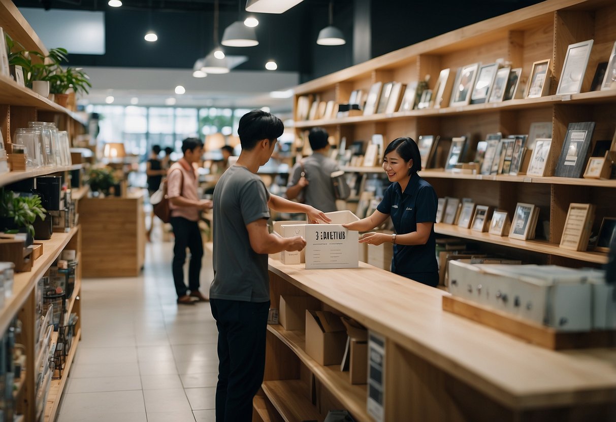 Customers browsing shelves, staff assisting, and a sign with "Frequently Asked Questions" in a cheap furniture shop in Singapore