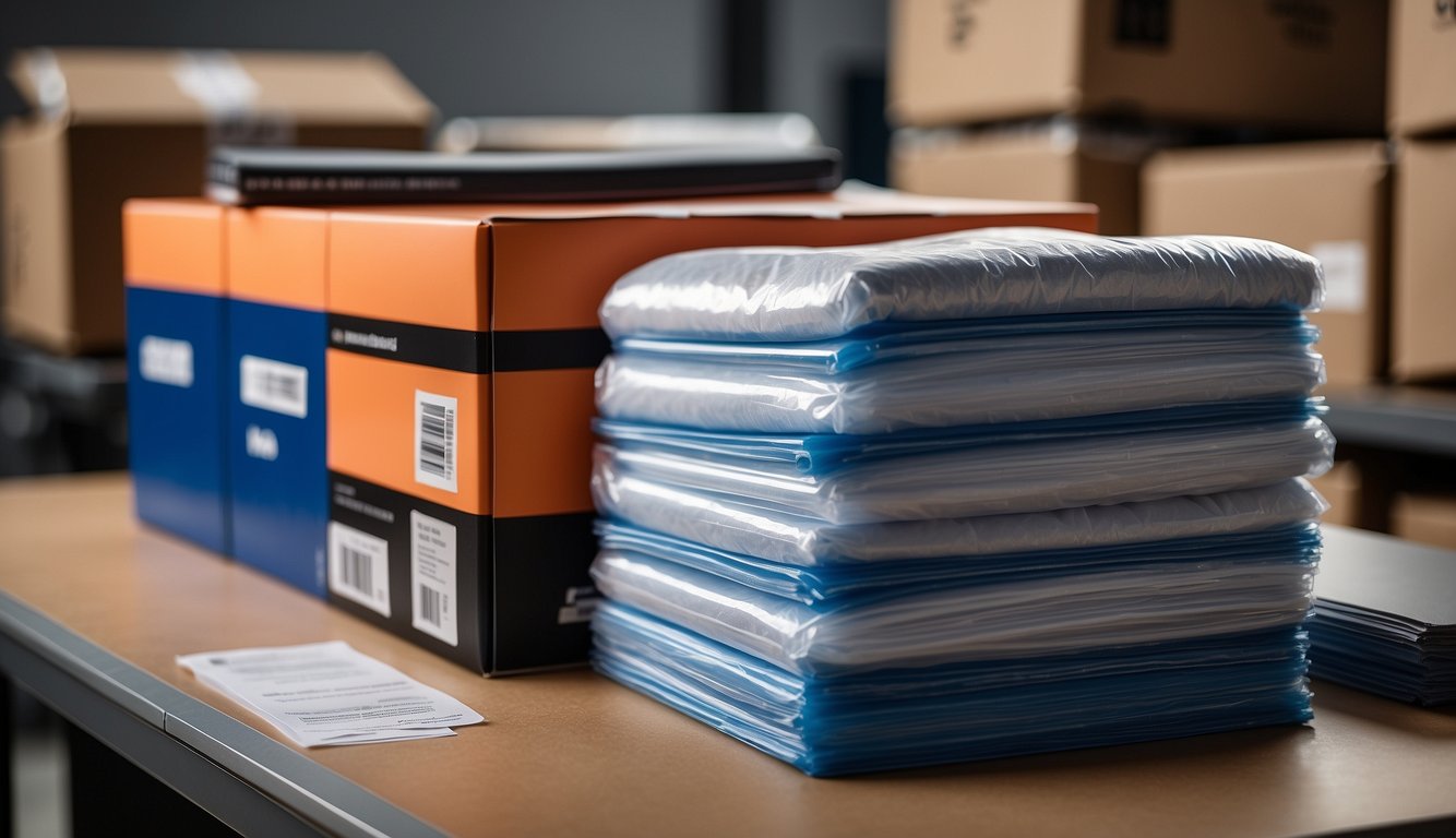 Shipping supplies neatly arranged for sports card shipments. Labels, bubble mailers, and protective sleeves organized for efficient packaging