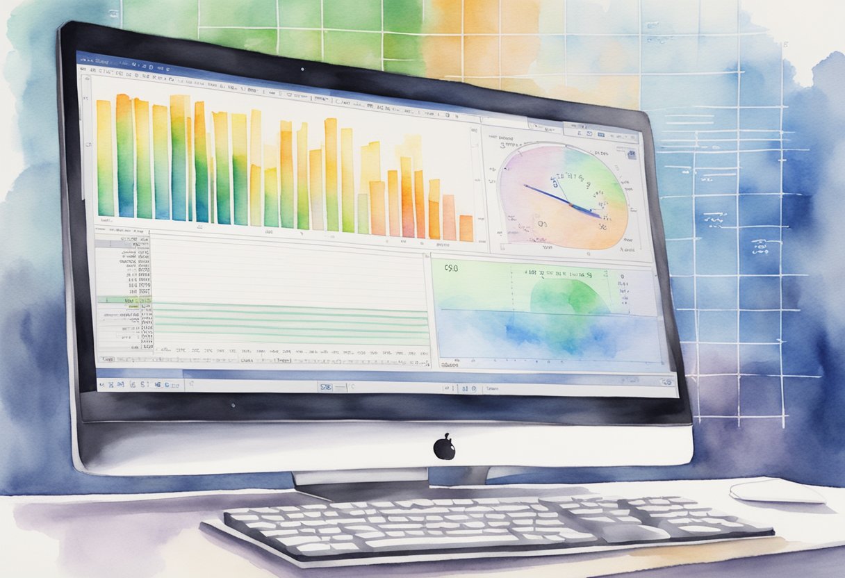 A computer screen displays VBA code. A hand hovers over a keyboard, ready to type. A graph and chart sit in the background