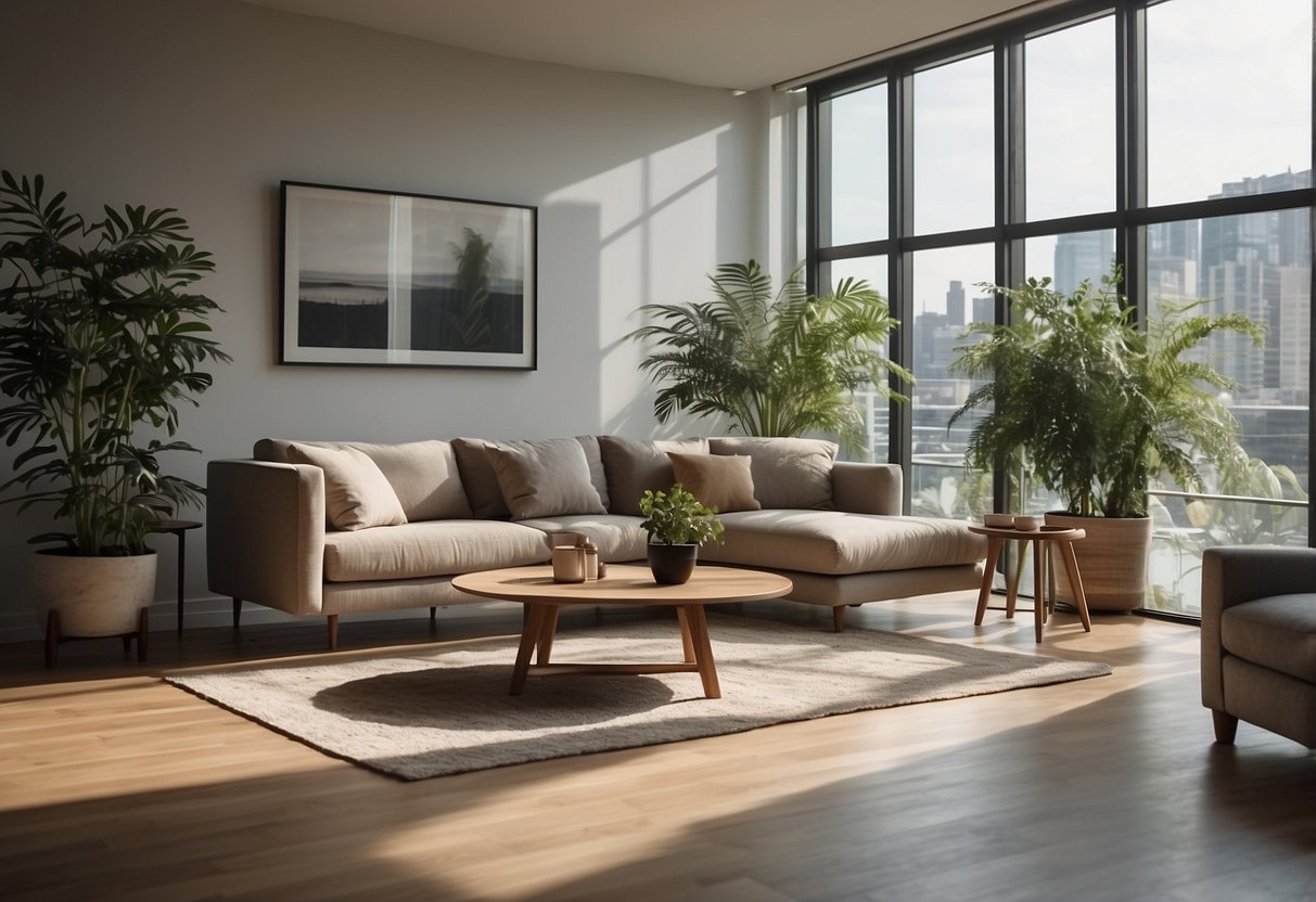 A modern living room with a sleek sofa, coffee table, and floor lamp. The room is filled with natural light from large windows, and there is a potted plant in the corner