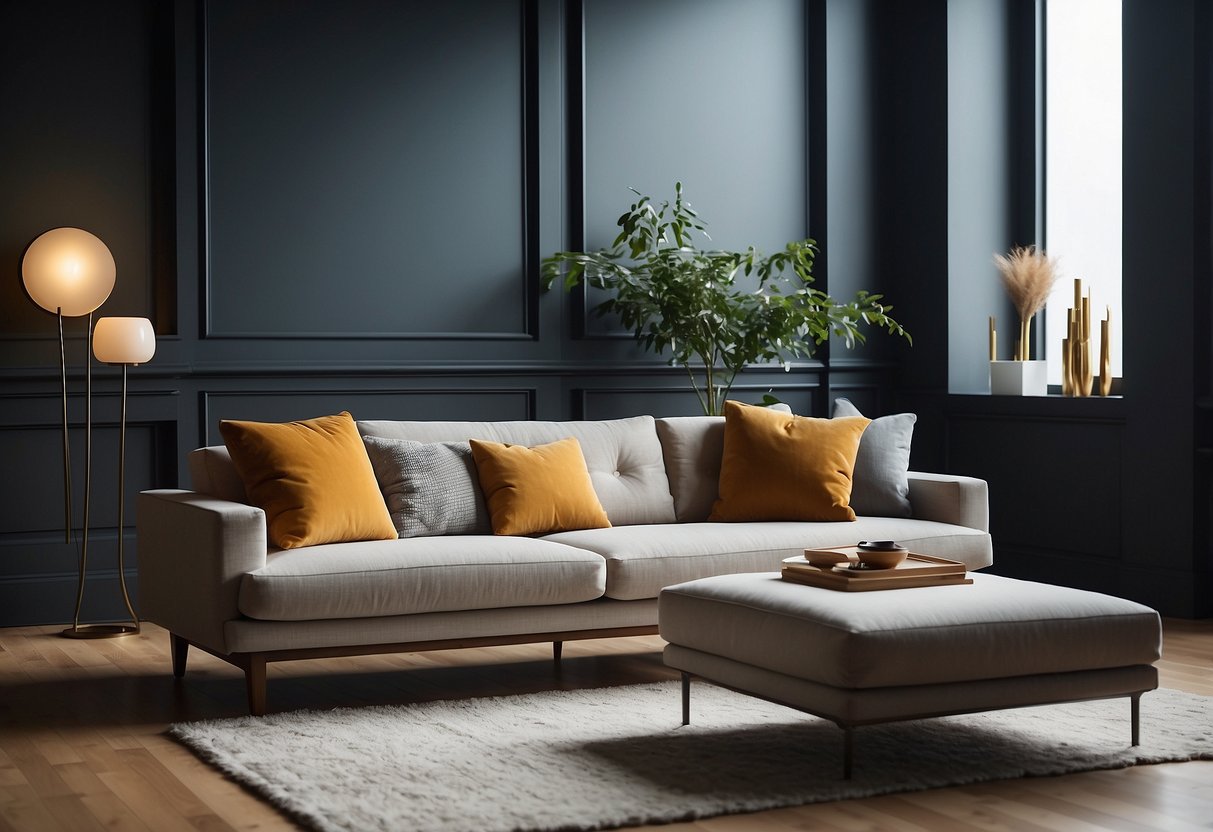 A modern sofa sits in a bright, airy room, surrounded by sleek, minimalistic furniture