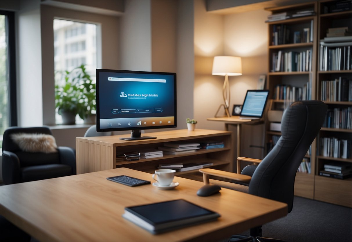 A room with a computer screen displaying 3ds Max furniture libraries. Shelves filled with design books, a desk with a tablet and stylus, and a comfortable chair