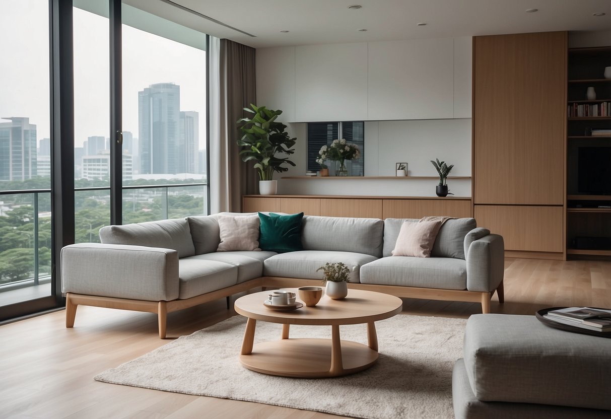 A modern living room with sleek Scandinavian furniture in Singapore. Clean lines, light wood, and minimalist design