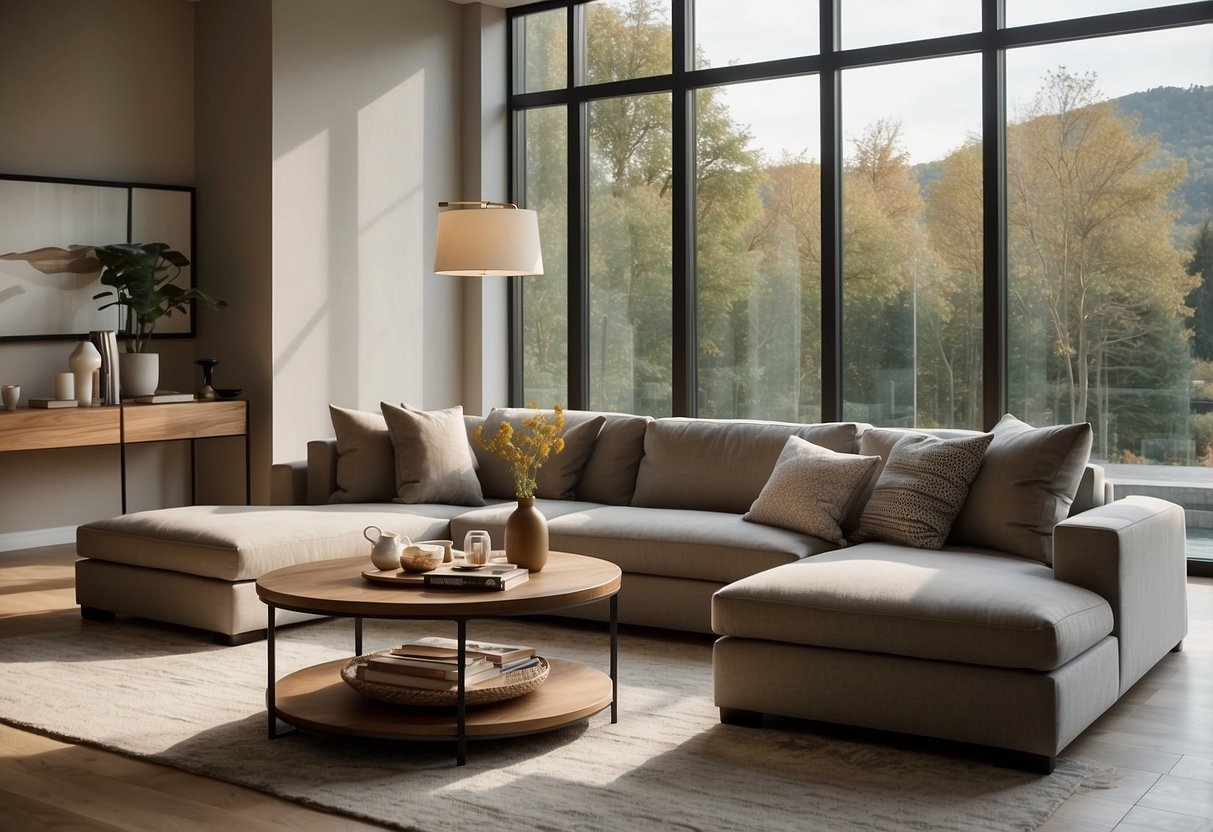 A modern living room with a sleek sofa, coffee table, and floor lamp. The room is bathed in natural light from large windows, creating a warm and inviting atmosphere
