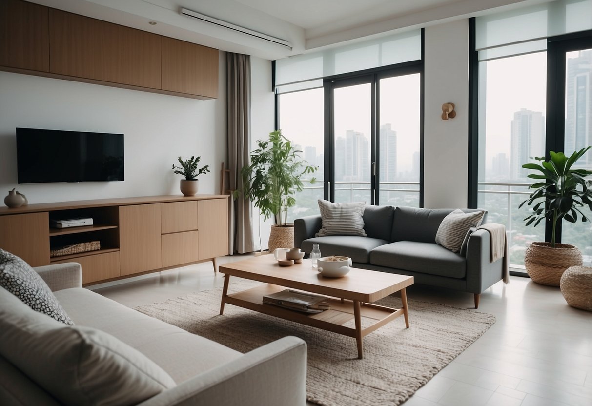 A cozy living room with sleek, minimalist Scandinavian furniture in a bright and airy Singapore apartment