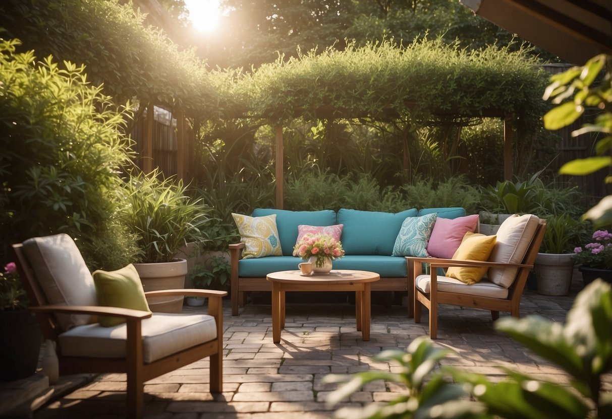 A sunny outdoor patio with Polywood furniture arranged in a cozy seating area, surrounded by lush green plants and colorful outdoor decor